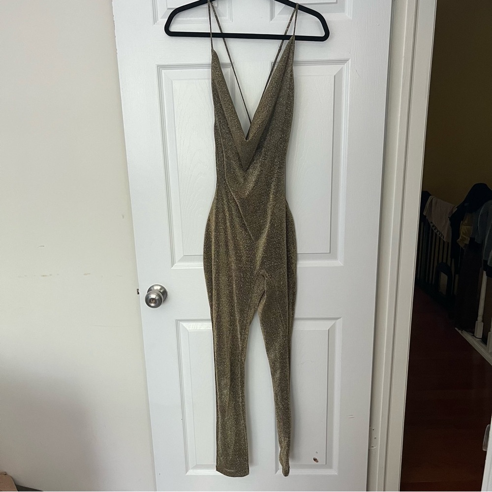 Gold Shimmer V-Neck Jumpsuit